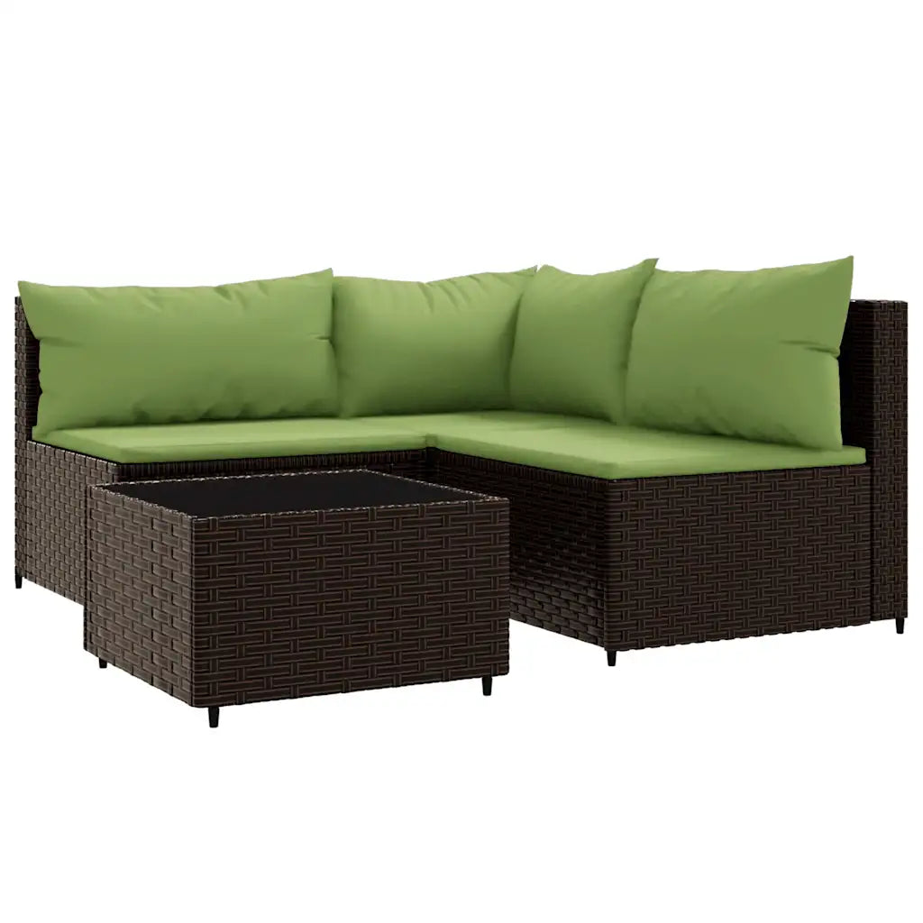 Divanetto da giardino angolare in polyrattan marrone con cuscini verdi e tavolino quadrato