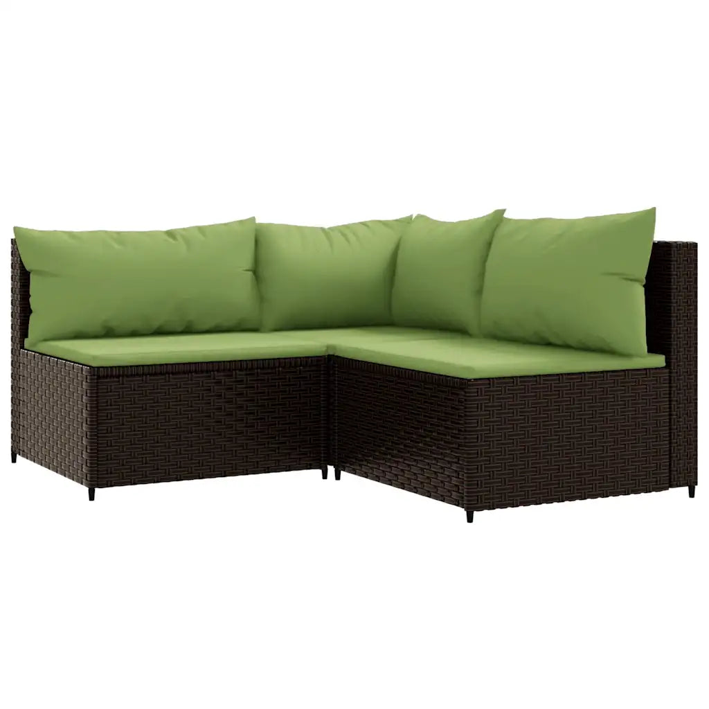 Divanetto angolare in polyrattan marrone con cuscini verdi e schienali imbottiti