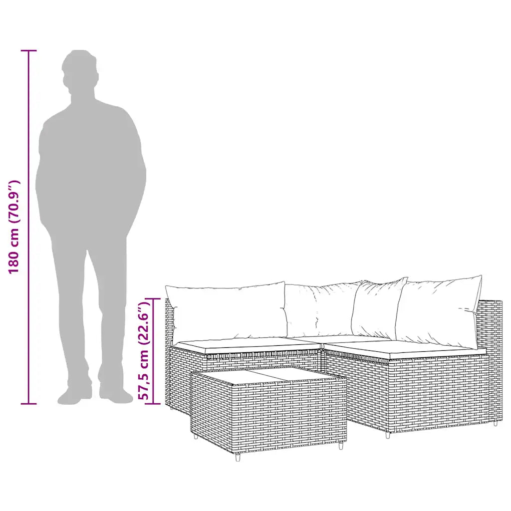 Set mobili giardino in polyrattan marrone con cuscini: divano angolare e tavolino