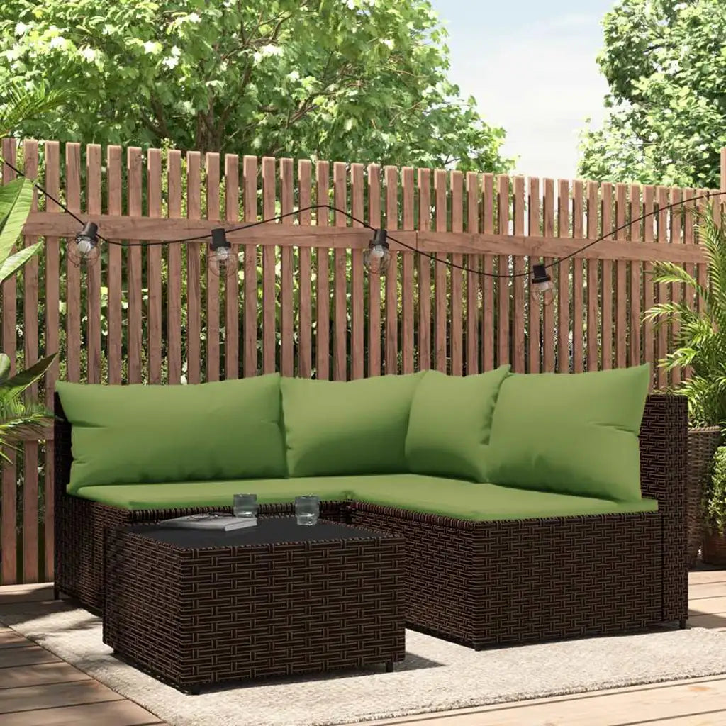 Set di mobili da giardino in polyrattan marrone con cuscini verdi per angolo e tavolino