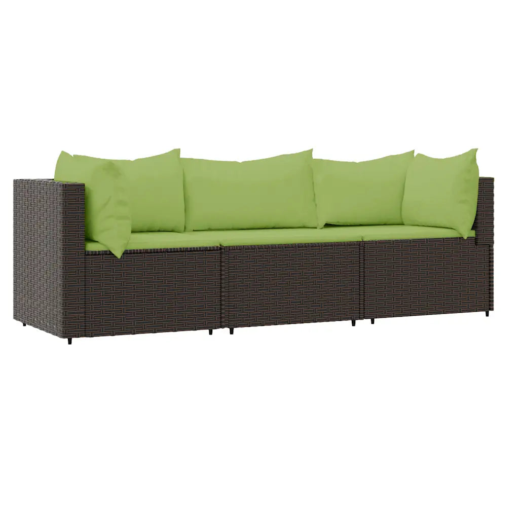 Divano da giardino 3 posti in polyrattan marrone con cuscini verdi