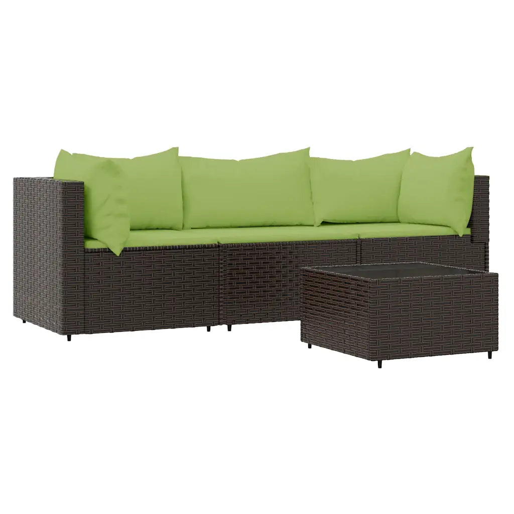 Set salotto da giardino in polyrattan marrone con cuscini verdi, divano e pouf