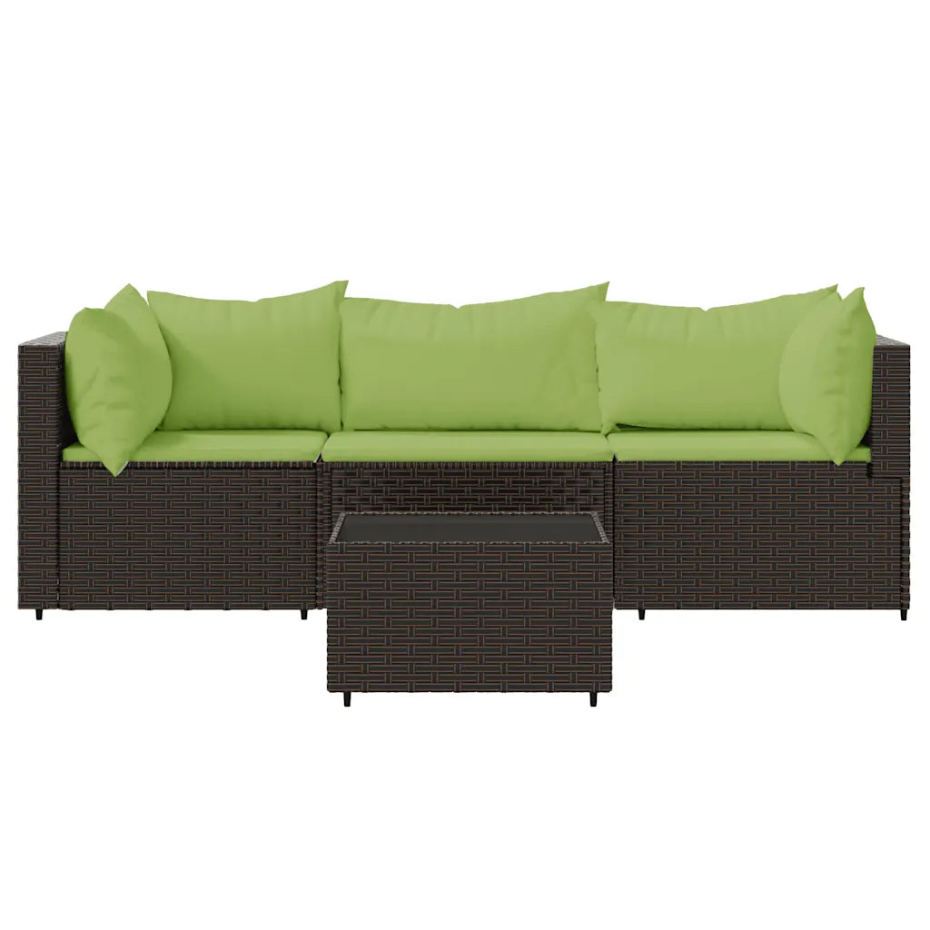 Set salotto da giardino in polyrattan marrone con cuscini verdi, divano angolare
