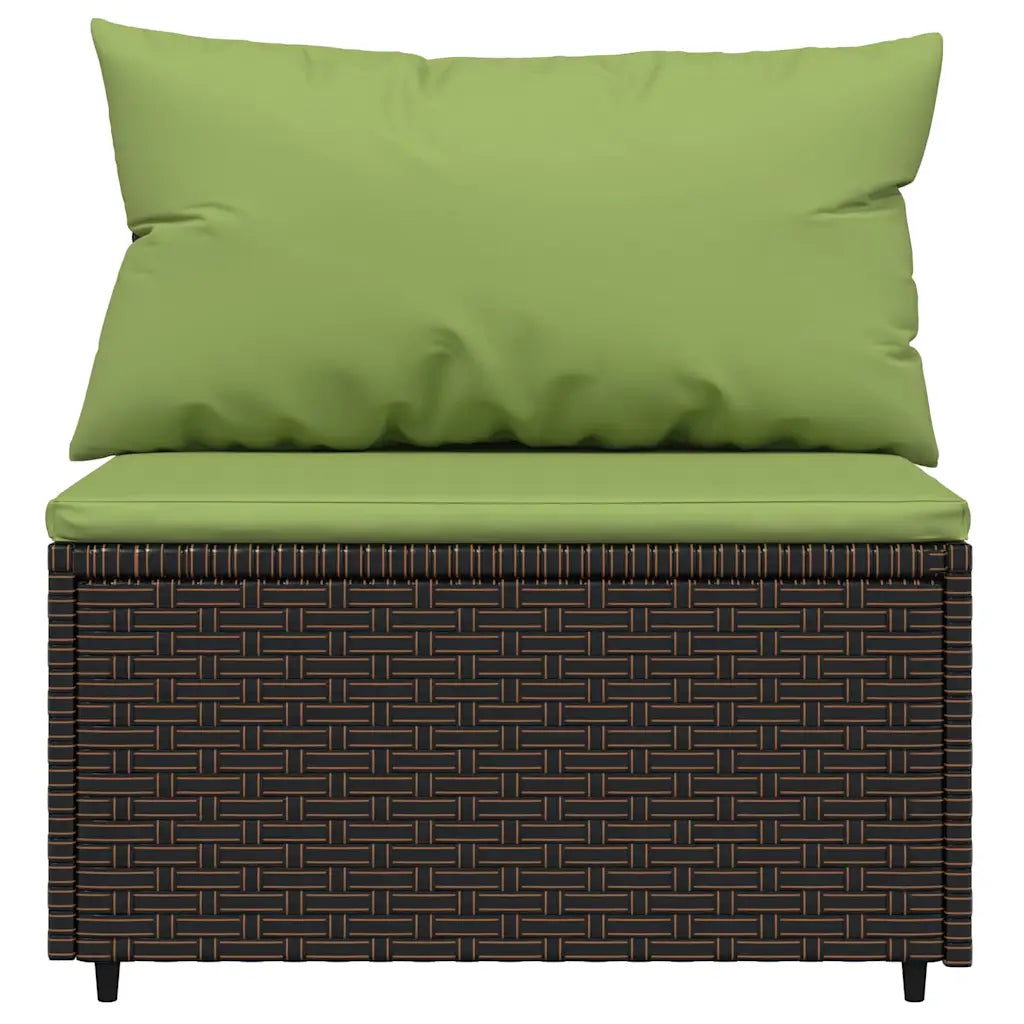 Pouf da giardino in polyrattan marrone con cuscino verde rettangolare