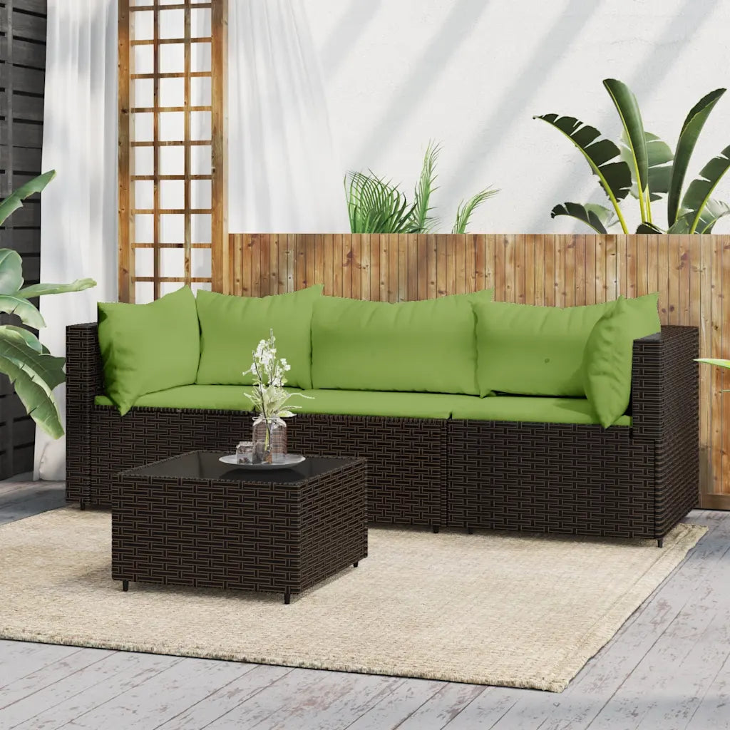 Set salotto da giardino in polyrattan marrone con cuscini verdi: divano e pouf