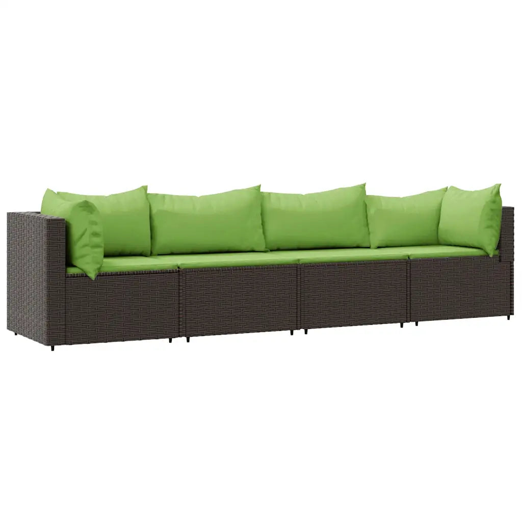 Set divano da giardino polyrattan marrone con sedute e cuscini verdi, vista laterale