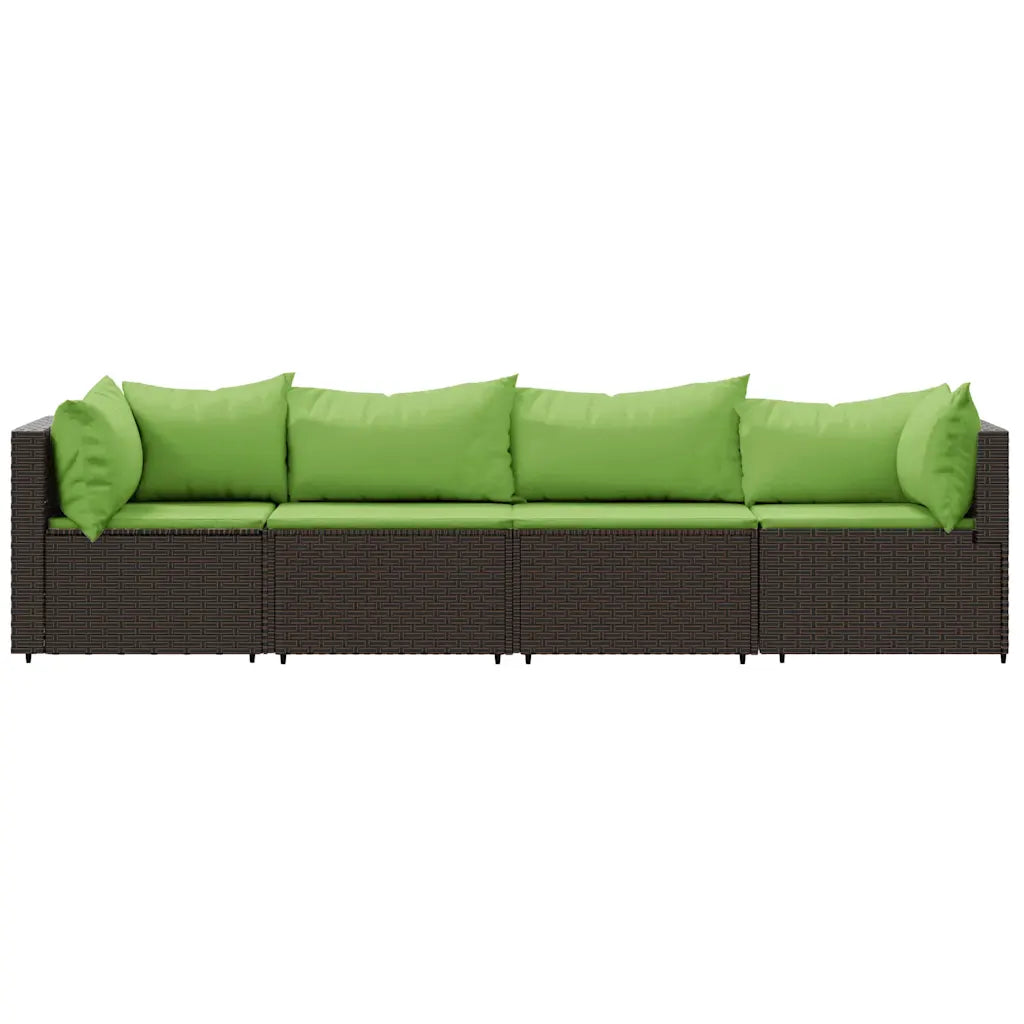 Set divano da giardino polyrattan marrone con cuscini verdi, struttura a 4 moduli