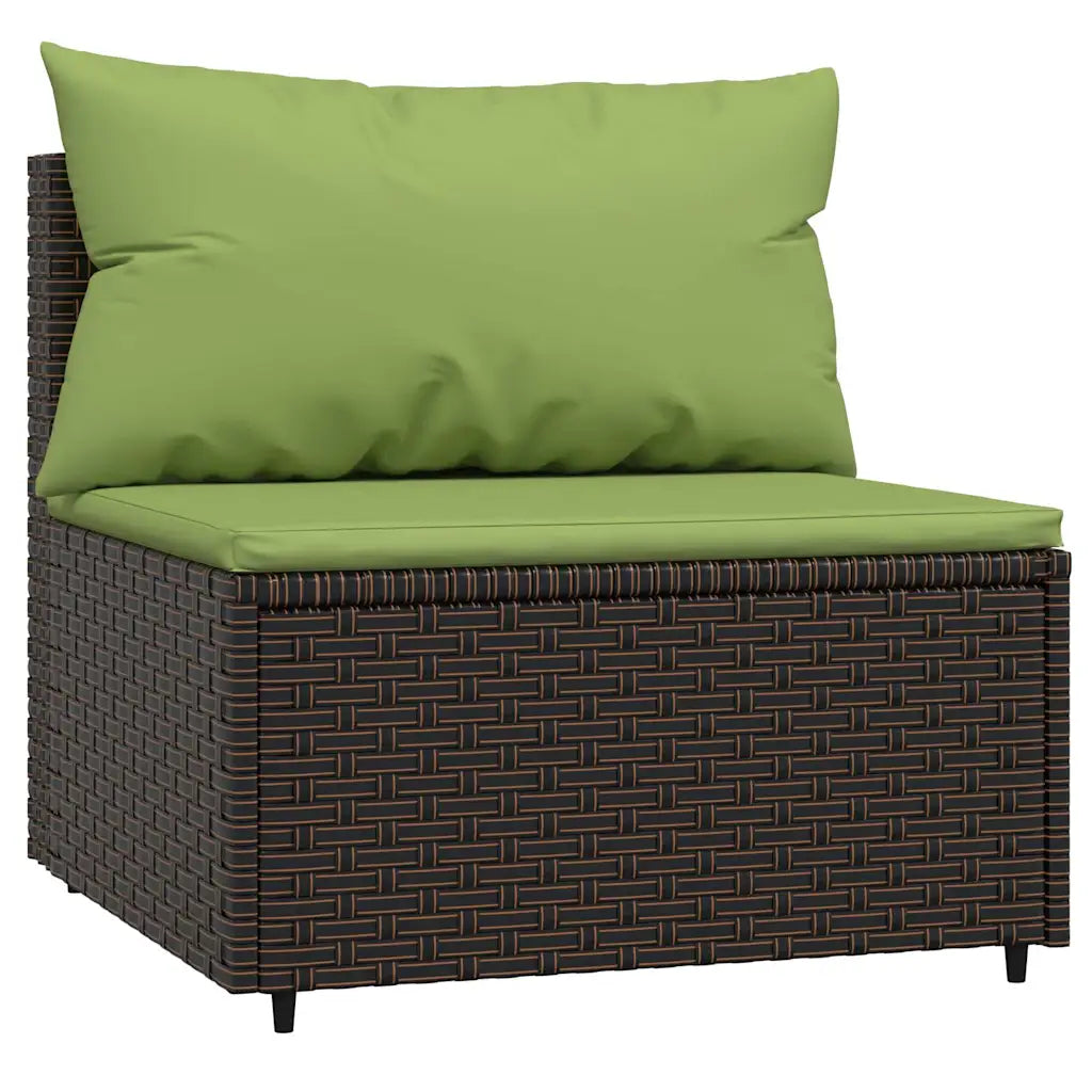 Poltrona da giardino in polyrattan marrone con cuscino verde e cuscini rettangolari