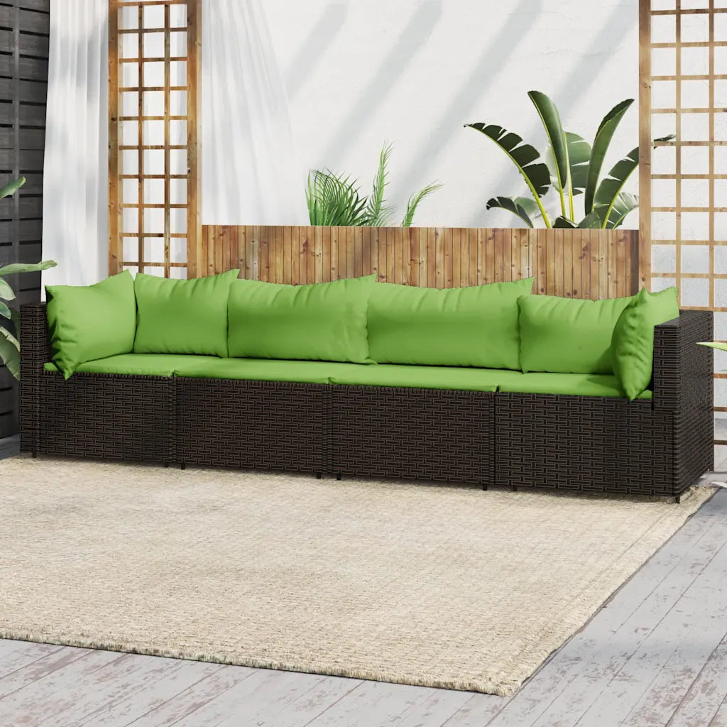 Set divano da giardino in polyrattan marrone con cuscini verdi, schienale lungo