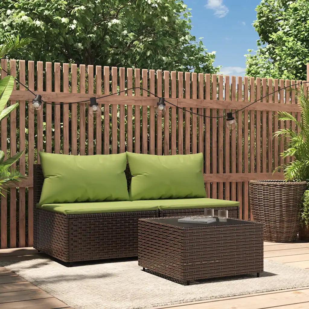 Set di mobili da giardino in polyrattan marrone con cuscini verdi, divanetto e tavolino