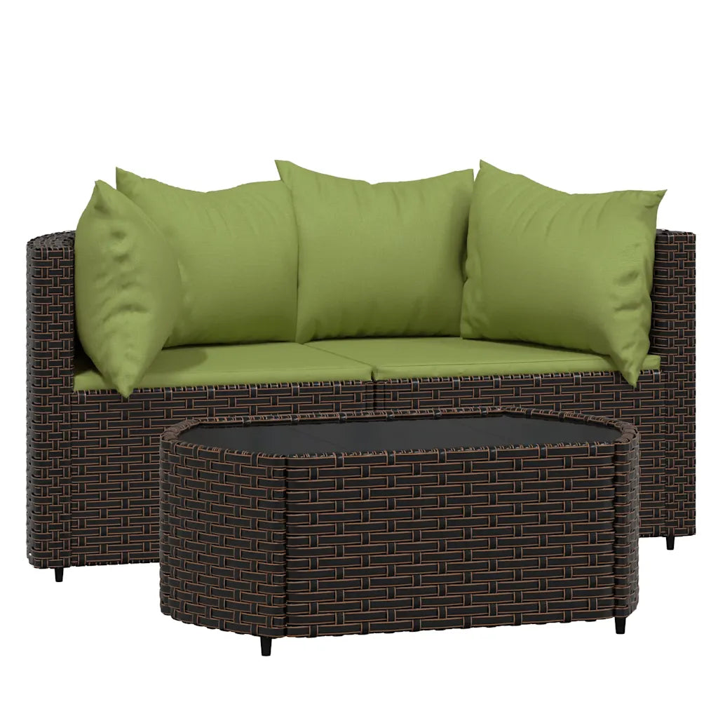 Set divanetto da giardino in polyrattan marrone con cuscini verdi oliva, vista frontale