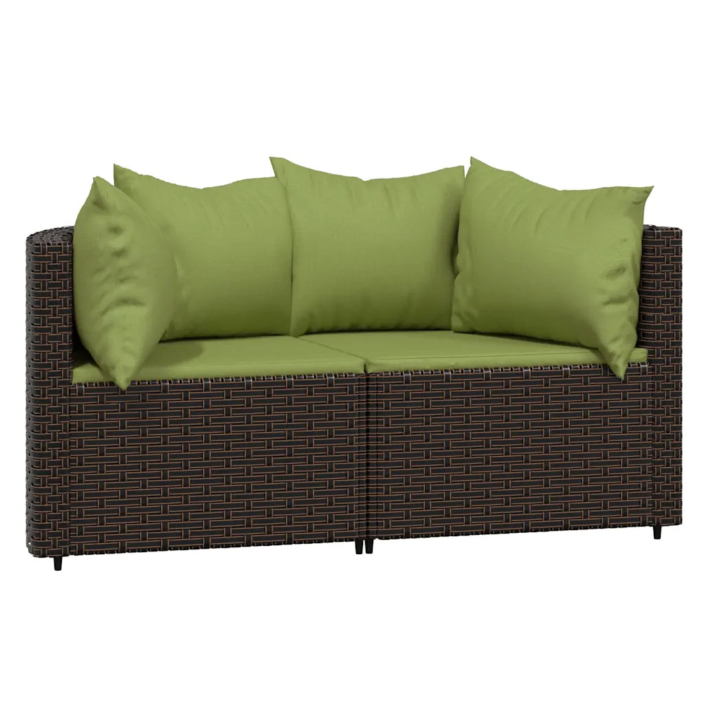 Set divanetto da giardino in polyrattan marrone con 3 cuscini verdi oliva, vista laterale