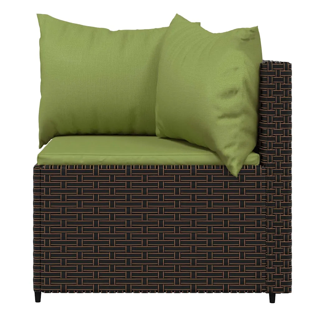 Divanetto da giardino in polyrattan marrone con cuscini verdi oliva, vista laterale