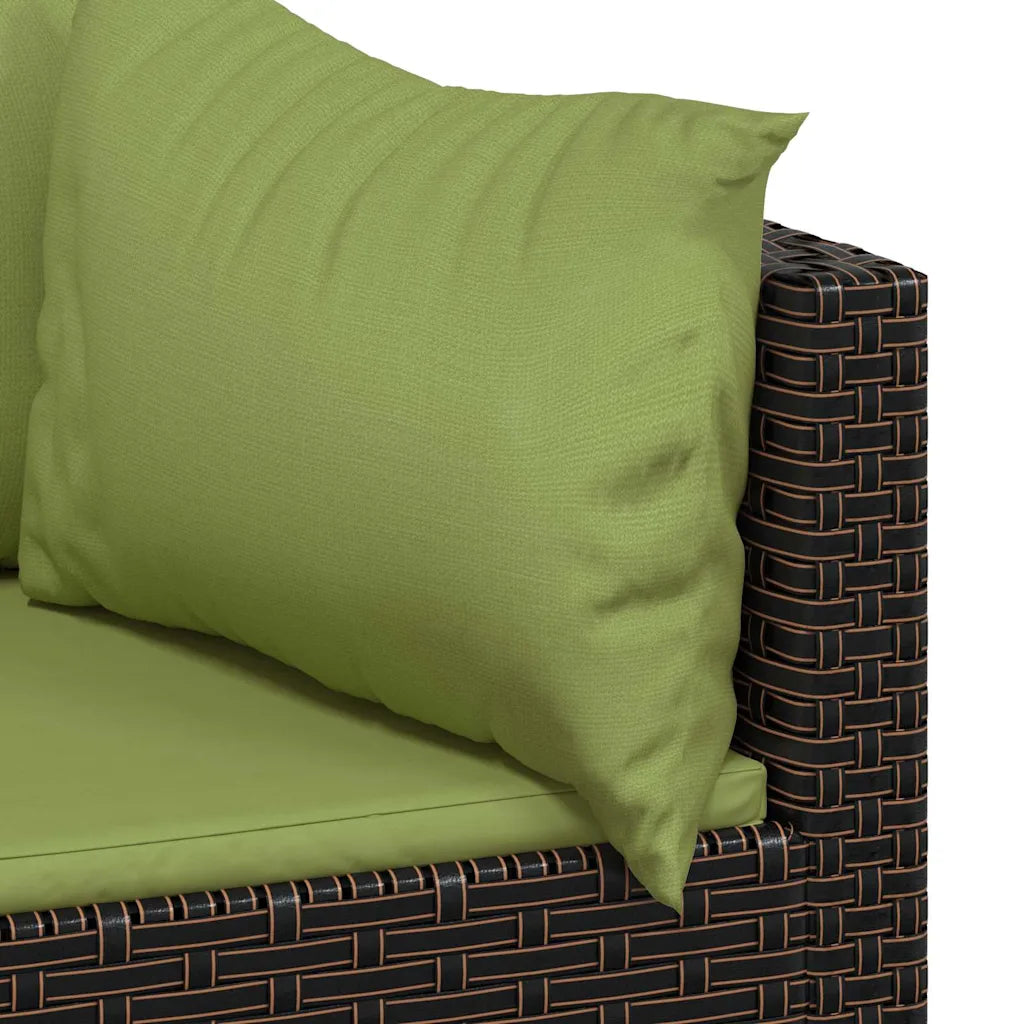 Cuscino verde oliva su divanetto da giardino in polyrattan marrone scuro, angolo