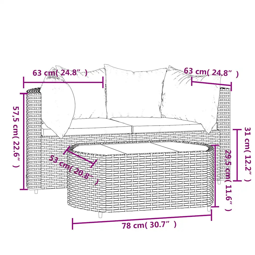 Diagramma misure del divanetto da giardino con unità in cm
