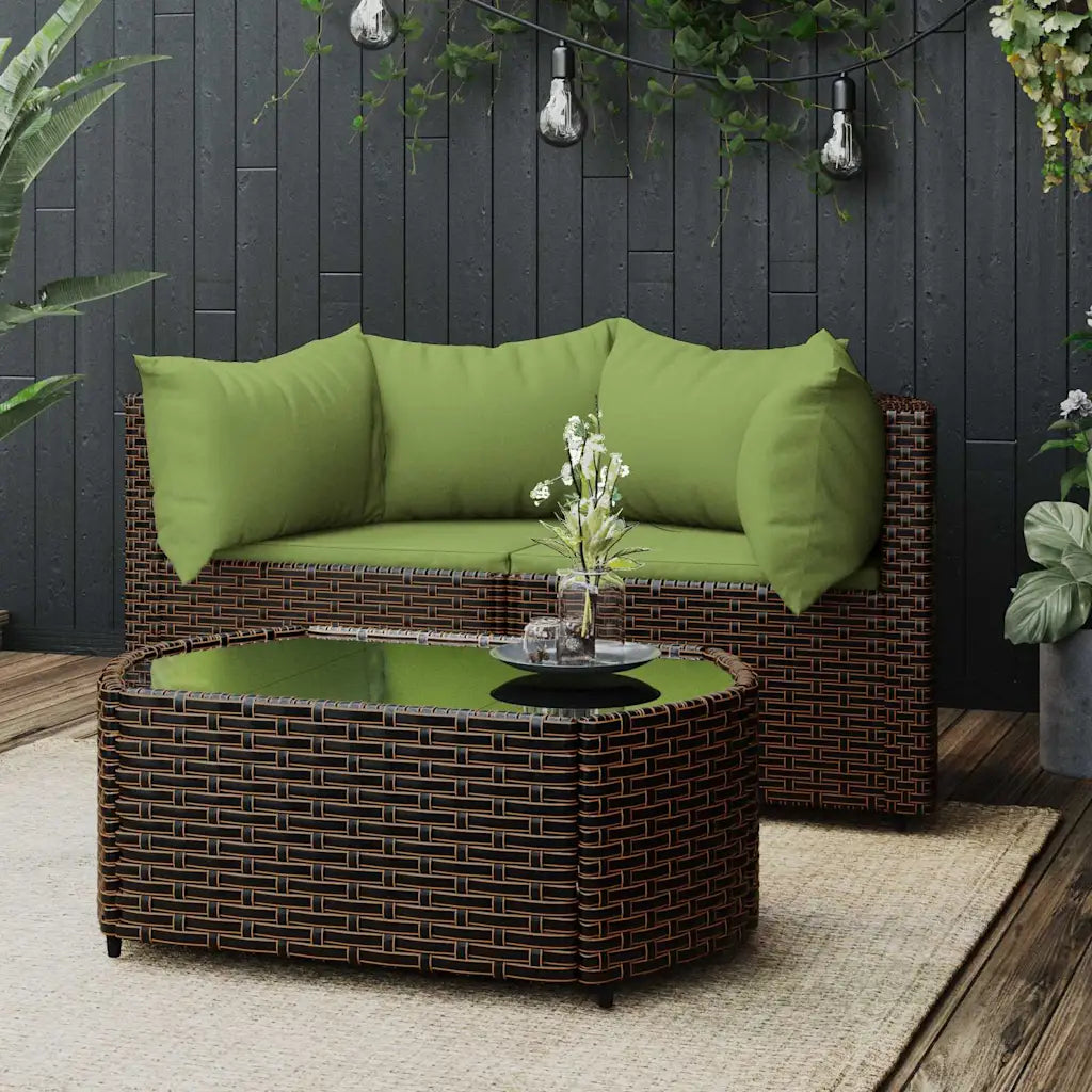 Set divanetto da giardino in polyrattan marrone con 3 cuscini verdi oliva