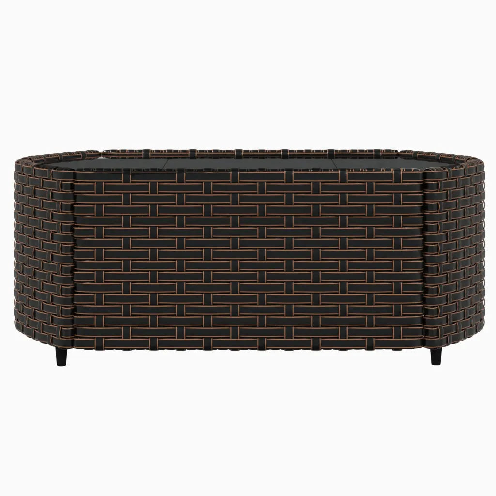 Ottoman/tavolino in polirattan marrone intrecciato con piedini e piano nero