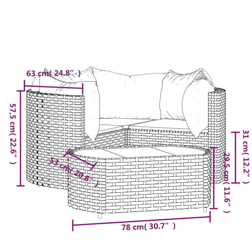 Schema dimensionale del set da giardino in polirattan marrone con cuscini