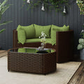 Set da giardino in polirattan marrone con cuscini verdi e tavolino rotondo