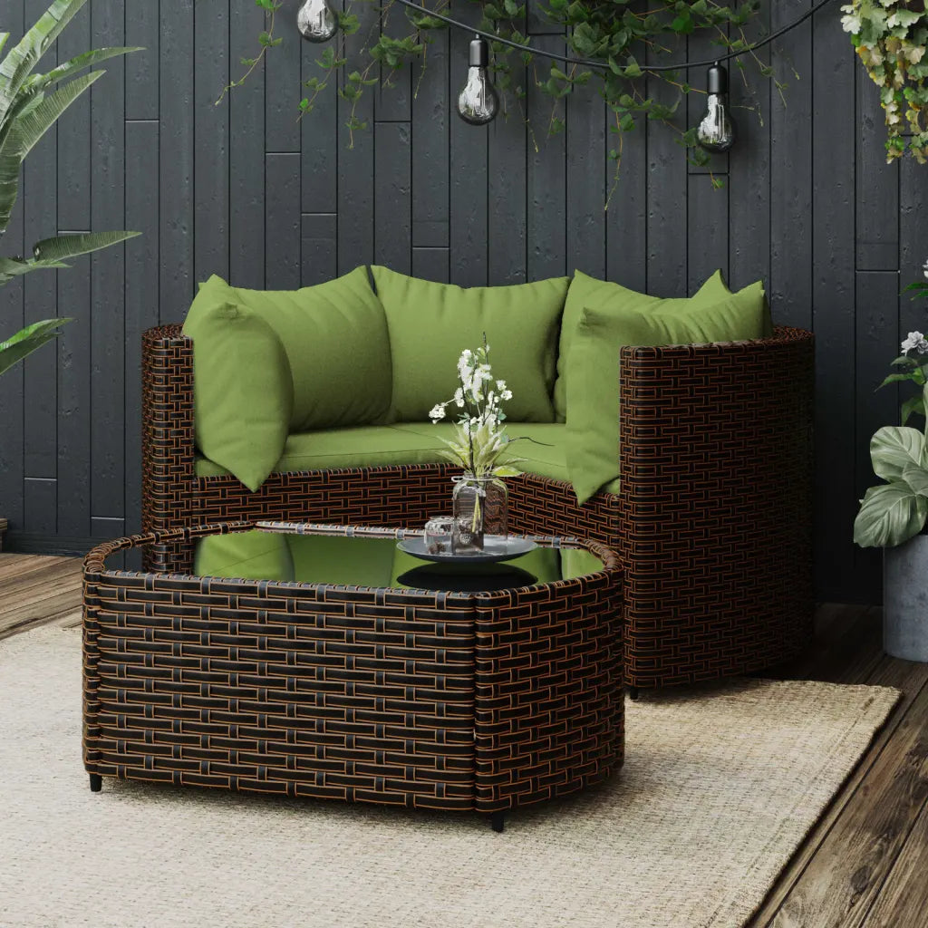 Set da giardino in polirattan marrone con cuscini verdi e tavolino rotondo