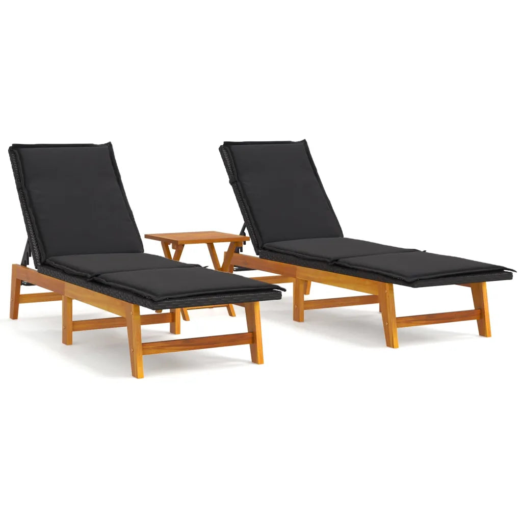 Set con due lettini da esterno neri con cuscini imbottiti e base in legno