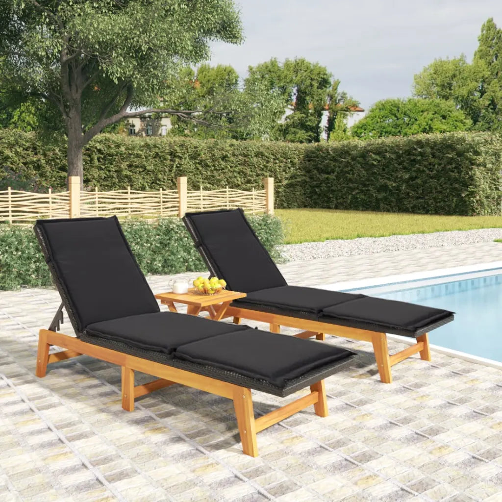 Set di mobili da giardino con due lettini in polyrattan nero e struttura in legno