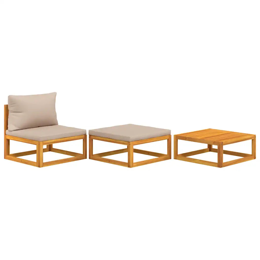 Set mobili da giardino in legno: sedute con cuscini e tavolino coordinato