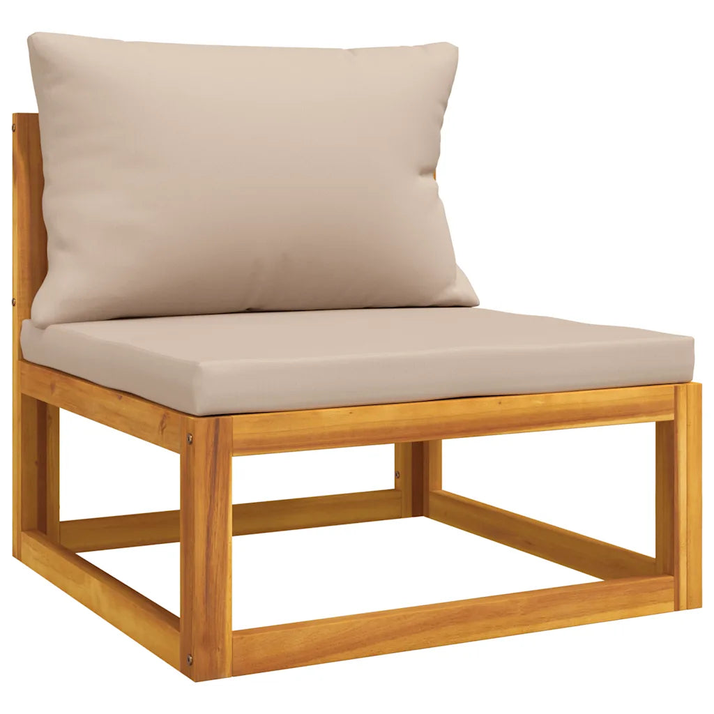 Seduta da giardino in legno con cuscino beige e schienale imbottito