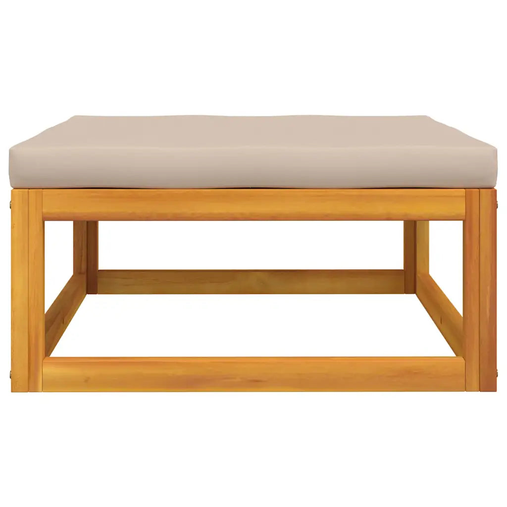 Panca da giardino in legno con cuscino beige e base traforata