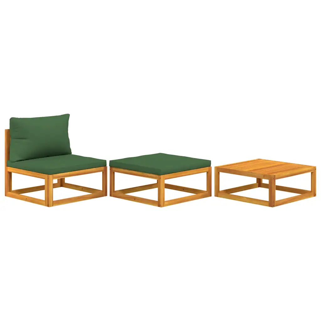Set mobili da giardino con 2 poltrone in legno e tavolino, cuscini verdi