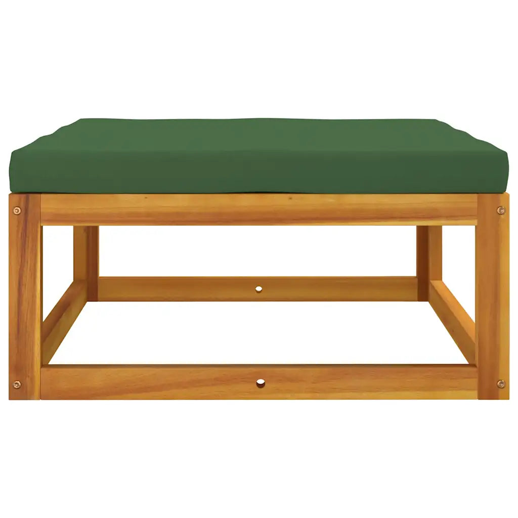 Poggiapiedi da giardino in legno con cuscino verde e base traforata