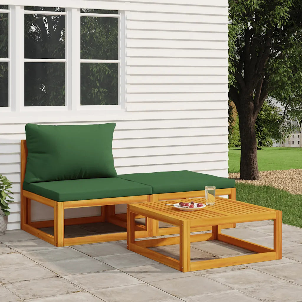 Set mobili da giardino: divanetto in legno con cuscino verde e tavolino in legno