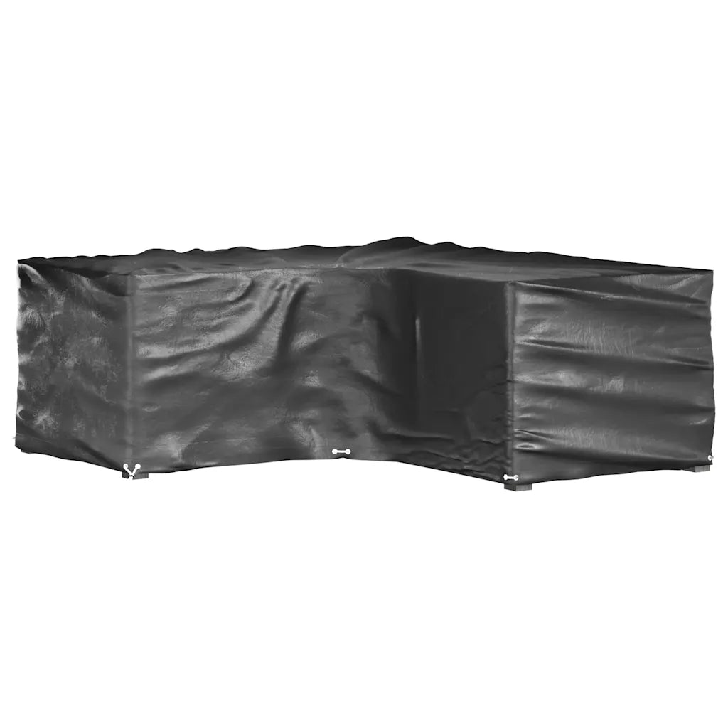 Copertura per mobili da giardino in tessuto nero con occhielli, vista laterale.
