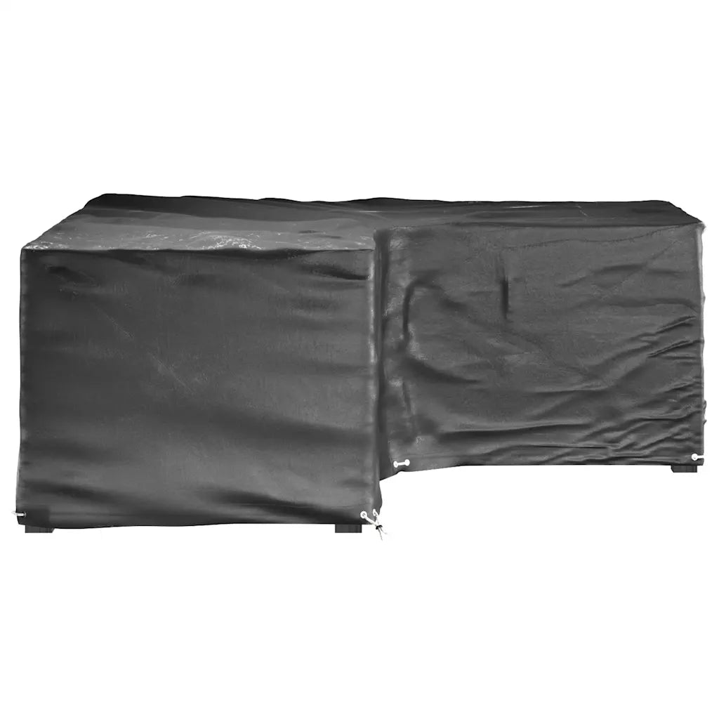 Copertura per mobili da giardino in tessuto nero con occhielli, vista frontale angolata.