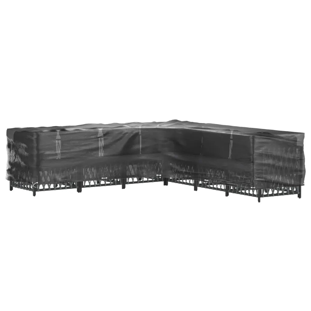 Copertura per mobili da giardino scura su base con supporti e occhielli.