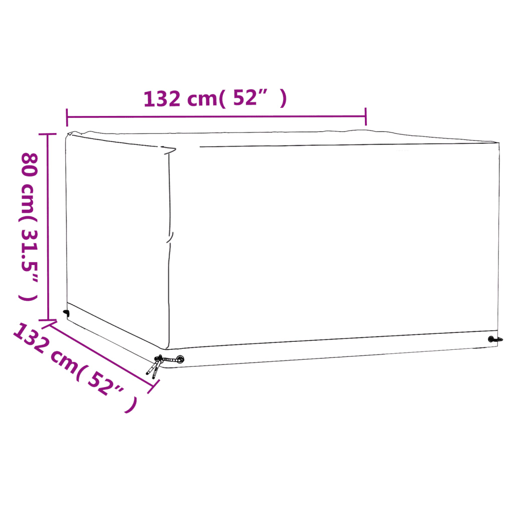 Copertura mobili quadrata 132x132x80 cm, schema misure e occhielli