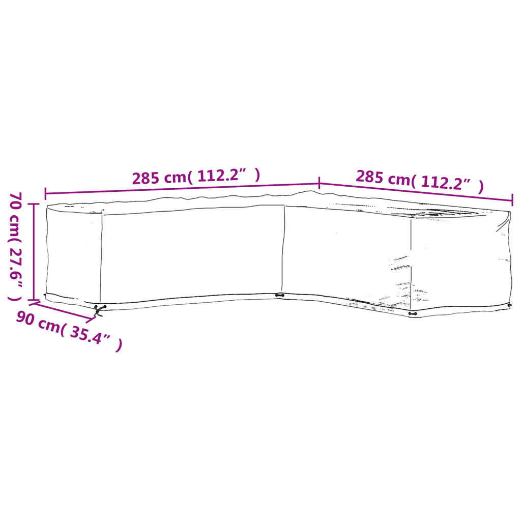 Schema dimensioni copertura: 285×285×70 cm, con occhielli.