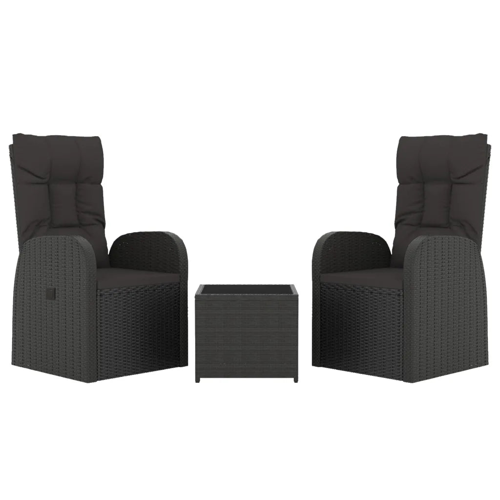 Set: due poltrone in rattan nero con cuscini e tavolino quadrato