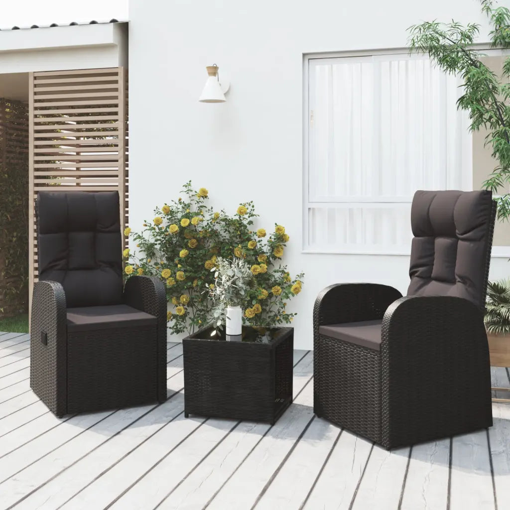 Set da giardino 3 pz: due poltrone con cuscini e tavolino in rattan nero