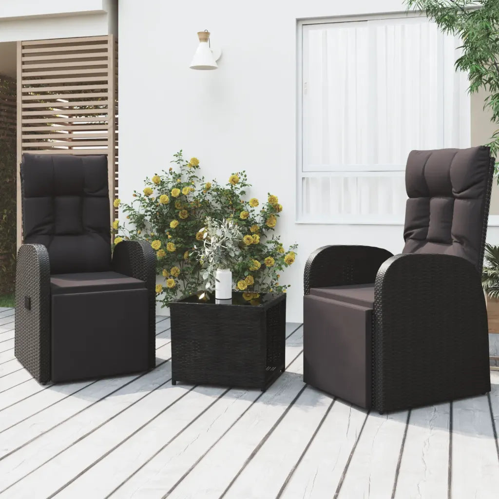 Set di 2 poltrone e tavolino da giardino in polyrattan nero con cuscini grigi
