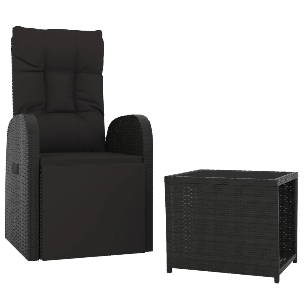 Poltrona reclinabile in polyrattan nero con tavolino quadrato abbinato
