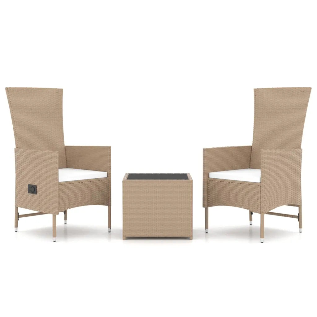Set 3 pezzi in polirattan beige: 2 poltrone con cuscino e tavolino centrale