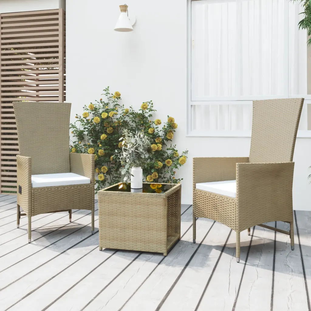 Set mobili da giardino in polirattan beige: 2 poltrone e tavolino rettangolare