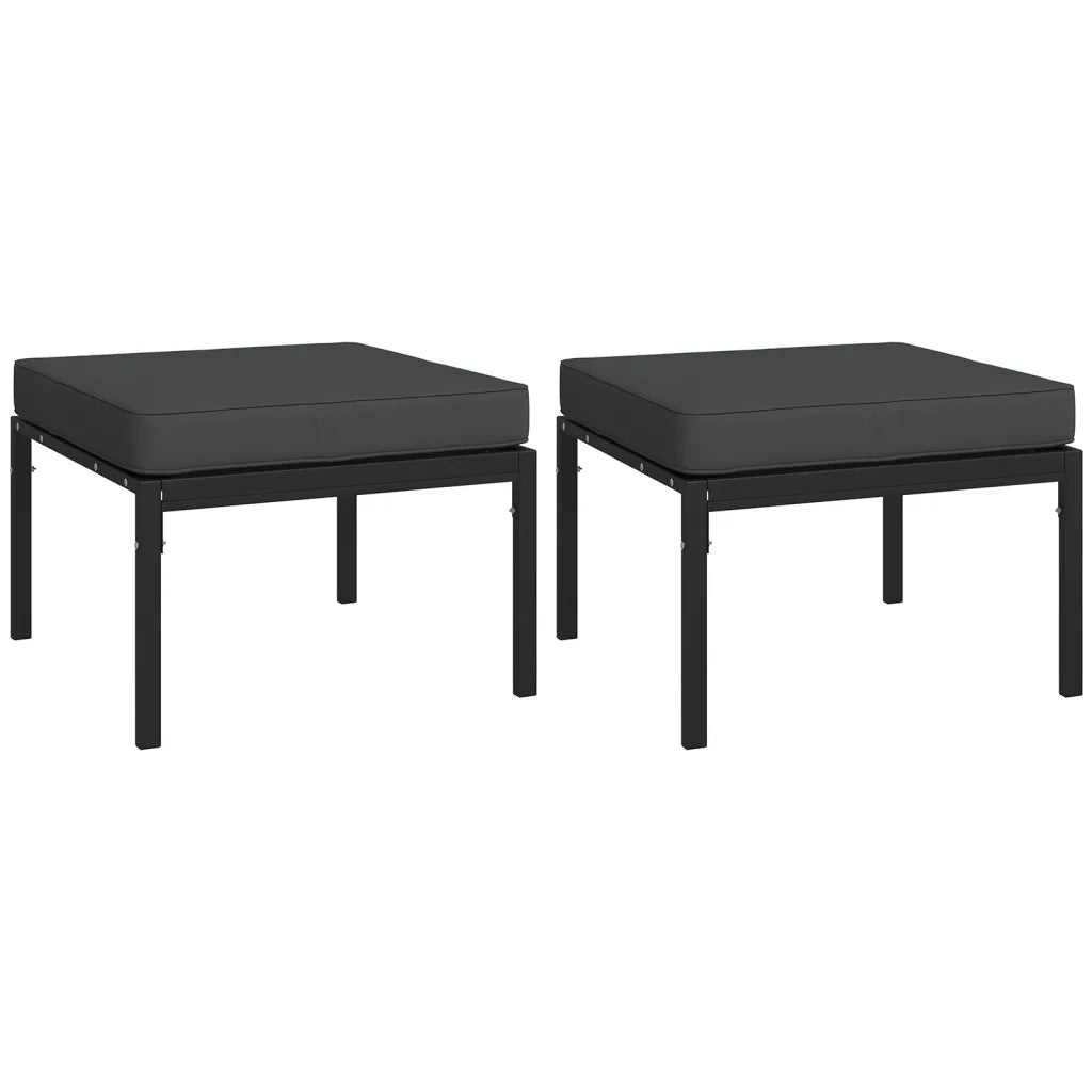 Coppia di pouf da giardino con cuscini grigio scuro e base nera in metallo