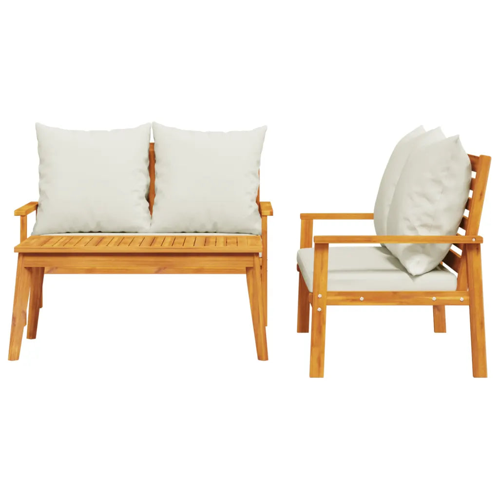 Set da giardino 3 pezzi con 2 sedute e tavolino centrale, cuscini bianchi