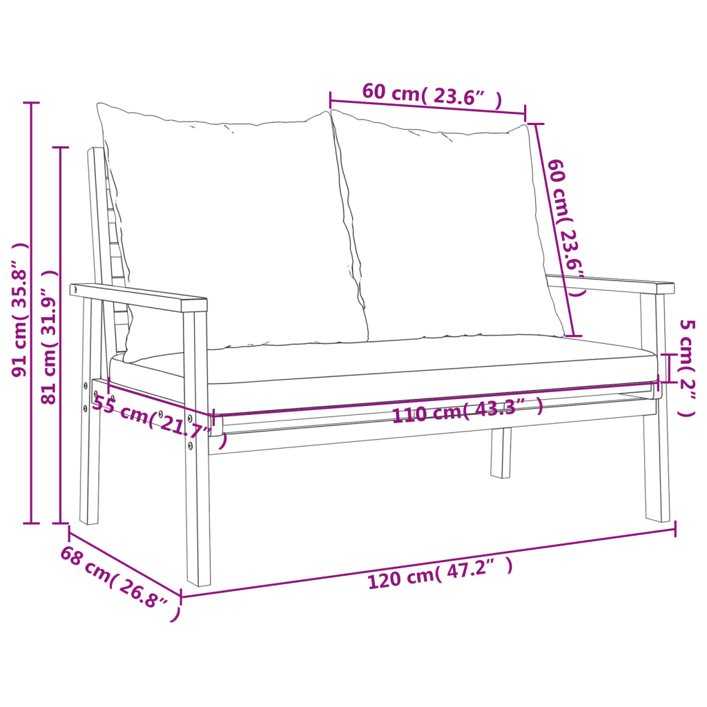 Schizzo dimensioni divanetto da giardino: 120×110×91 cm (cuscini inclusi)