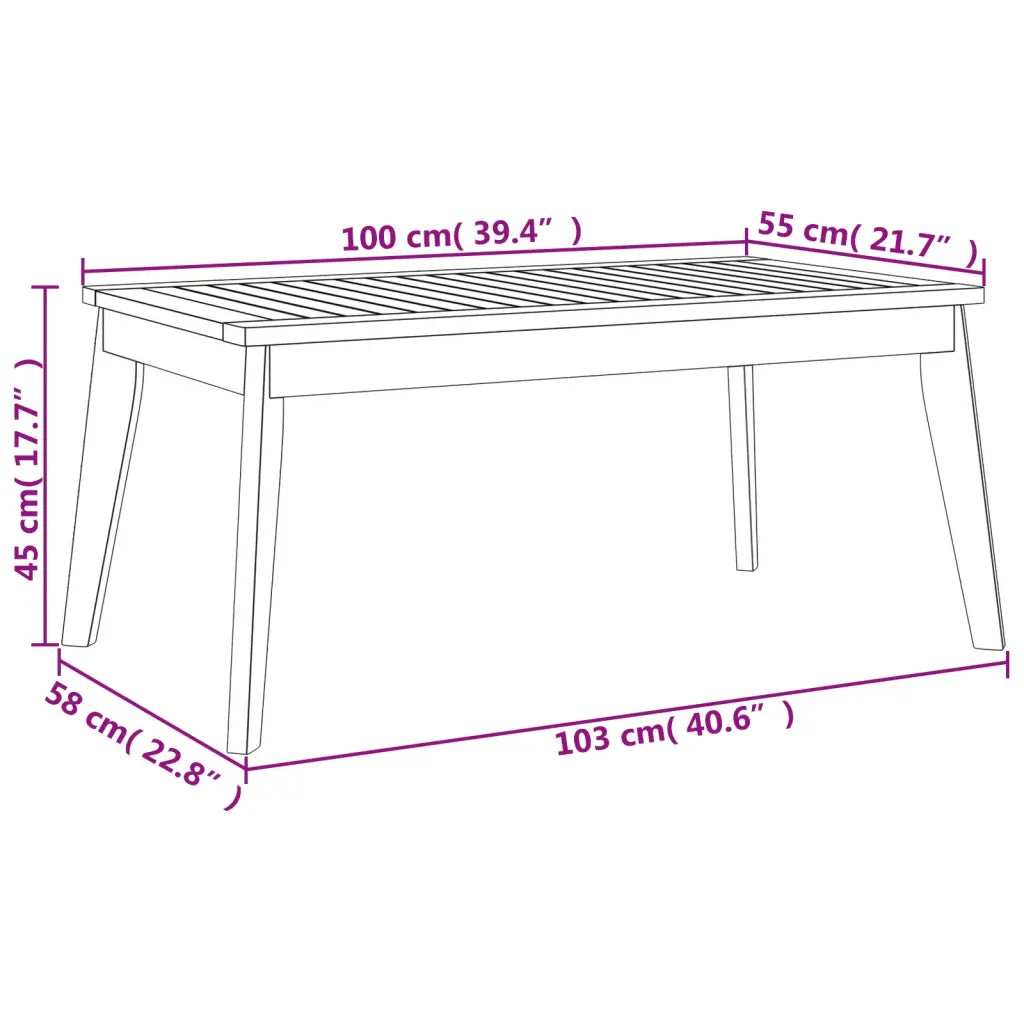 Schizzo dimensioni tavolino da giardino: 103×58×45 cm, piano a doghe
