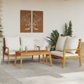 Set da giardino 3 pezzi in legno massello con divanetto e cuscini bianchi