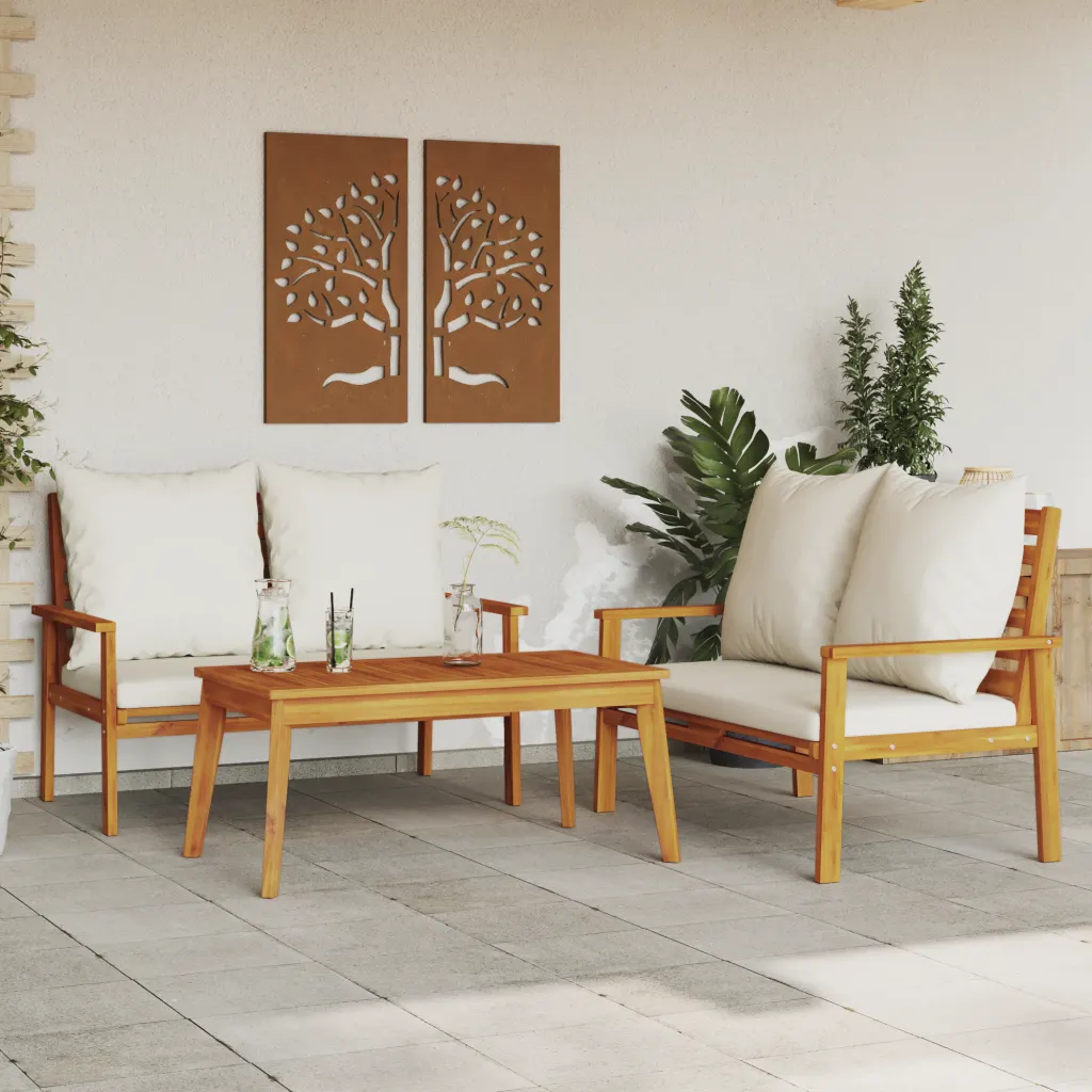 Set da giardino 3 pezzi in legno massello con divanetto e cuscini bianchi
