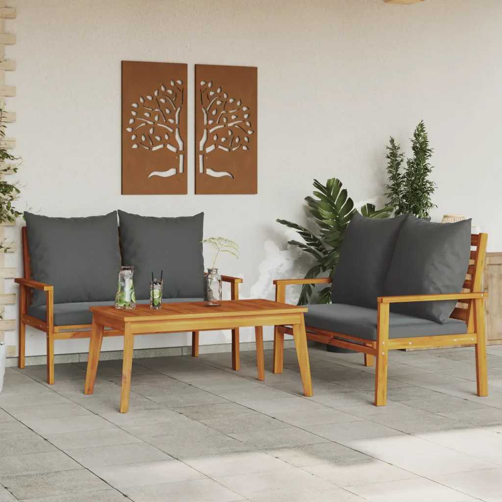 Set di mobili da giardino: 2 poltrone e tavolino in legno con cuscini grigio scuro